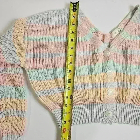 Jessica Simpson Knit Cropped Cardigan Sweater Button Long Sleeve Stripes Medium - Picture 3 of 6